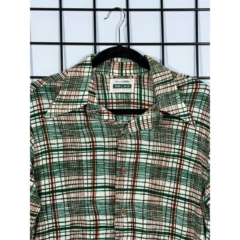 Vtg Pierre Cardin LS Flannel Shirt Mens L Green 70s Eclectic Grandpa Disco Colla